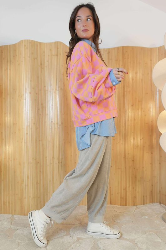 Check Mate Lantern Sleeve Sweat Aperol Pink